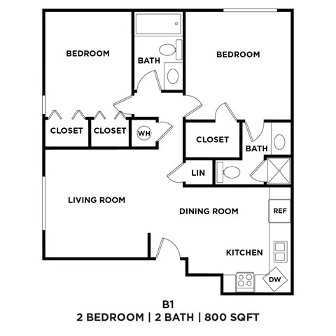 A black and white image of a floor plan for a 2 bedroom, 2 bathroom apartment of 800 square feet.